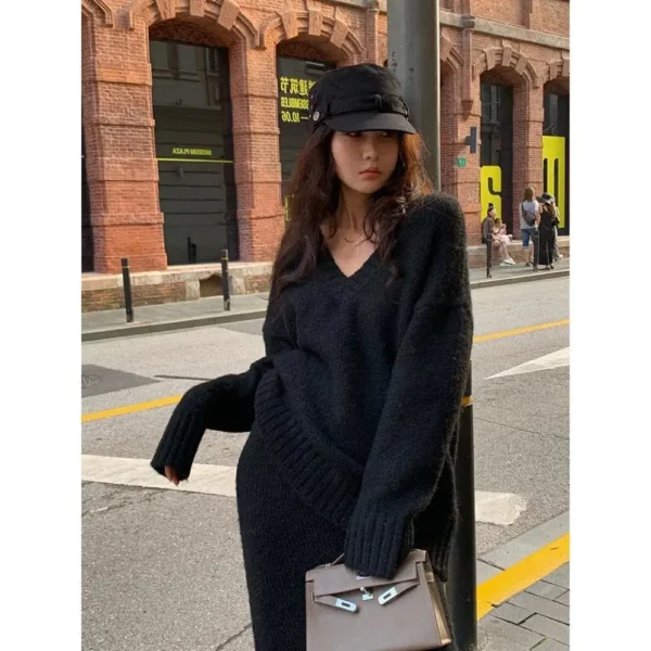 Lazy Style Sweater Set Skirt for Women's Autumn and Winter V-neck Pullover Knitted Sweater Top Half Skirt Fashion Two-piece Set - Image 5