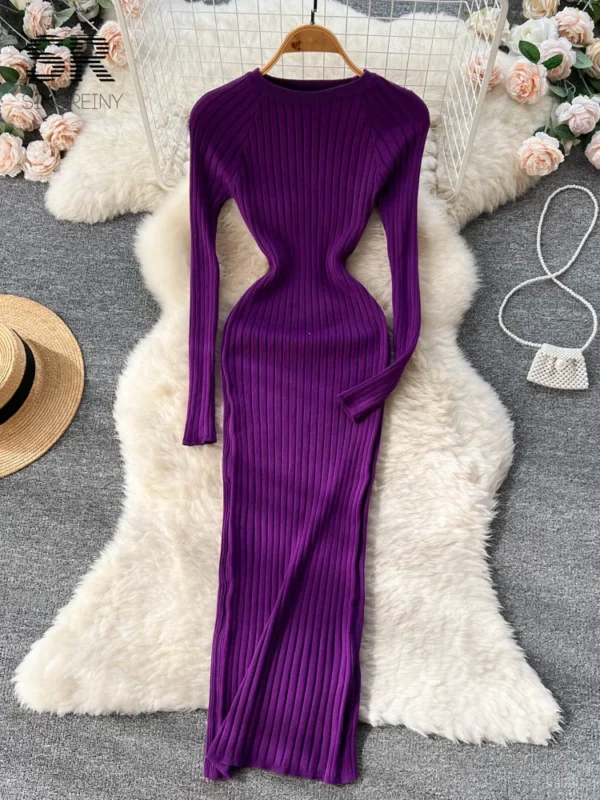 SINGREINY Winter Women Knit Maxi Dress O Neck Autumn Long Sleeve Slim Solid Harajuku Ladies Fashion Pencil Sweater Long Dresses - Image 3