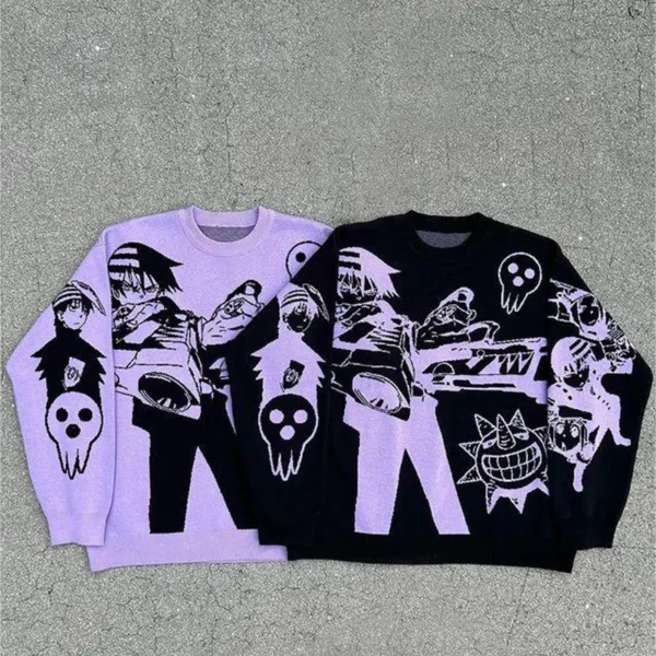 Harajuku new sweaters Y2K retro 90s goth fitted round neck tops knitwear high quality Embroidery anime pattern oversized sweater - Image 4