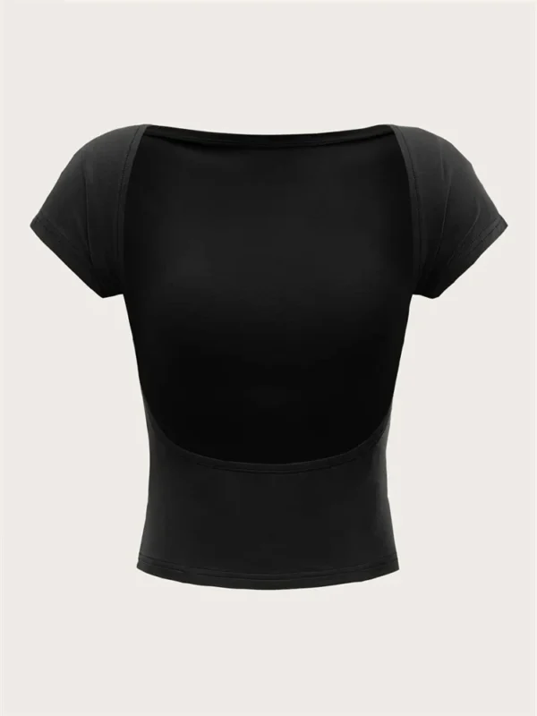 Women's O-neck Backless T-shirt Short Sleeve Solid Color Crop Top Summer Cute Baby Tee Y2K Clothes Bodycon Tunics Fashion Tank - Image 4