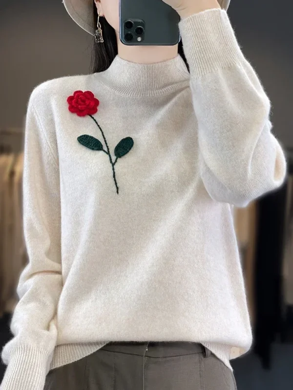 Hand Embroidered Cashmere Sweater Women's High Neck Knit Top Rose Crochet Soft Loose Wool Pullover Winter Keep Warm Sweater 2024 - Image 3