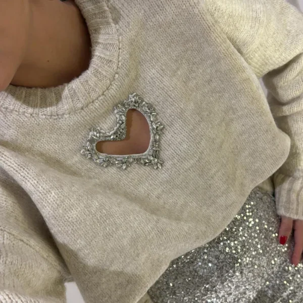 Round Neck Diamond Hollowed Studded Heart-shaped Long Sleeved Pullover Women's Solid Color Leisurely Fashion Style Party Sweater - Image 3