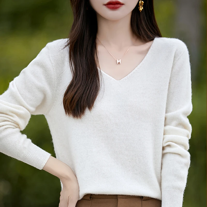 New Women's Wool Sweater V-neck Long Sleeve Pullover Soft 30% Merino Wool Knitwear Spring Autumn Cashmere Chic Tops - Image 4