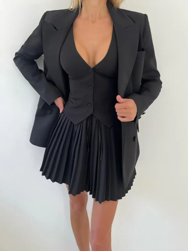 Mozision Fashion Skirt Two Piece Sets Women V Neck Single-breasted Vest Tops And Pleated Mini Skirt Sexy Two Piece Sets Clothes - Image 6
