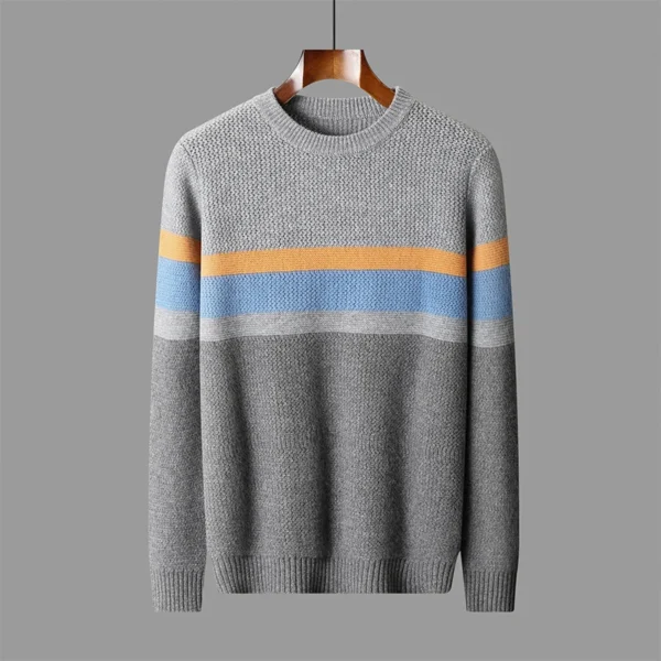 100% pure wool men's round neck thick stripe warm new autumn and winter knitted wool long sleeve bottoming shirt.