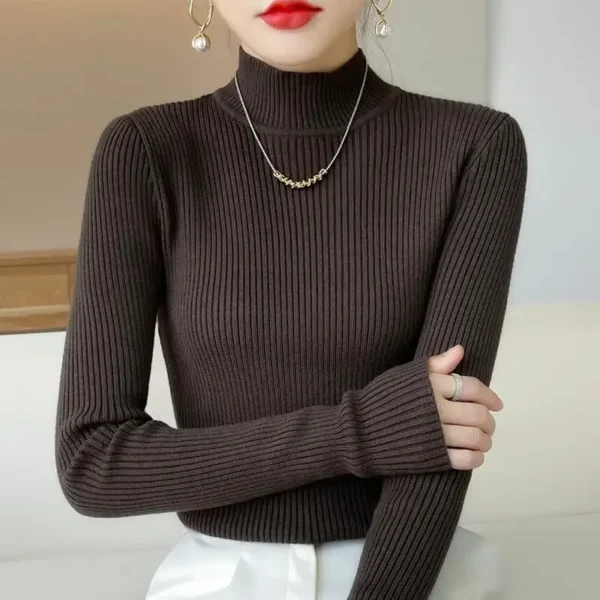 2025 New Spring and Autumn Women's Knitted Sweater, Slim Fit Half High Neck Pullover Sweater, Slim Fit Warm Bottom Sweater
