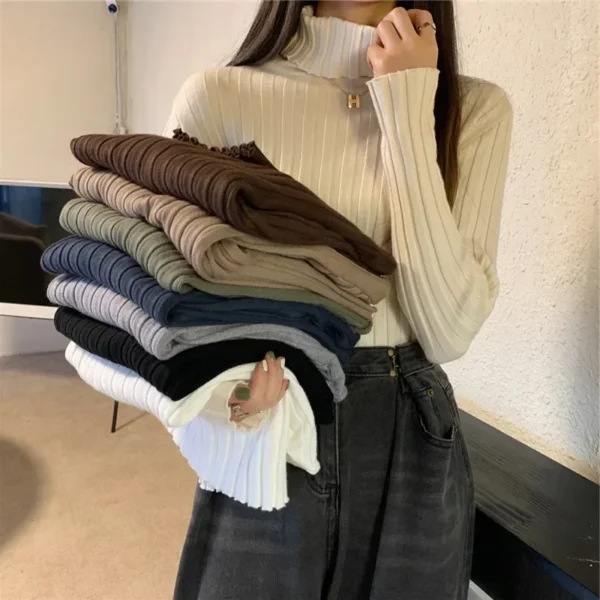 2024 Women Pullover Ribbed Knitted Sweater Autumn Winter Pullovers Turtleneck Long Sleeve Slim Basic Solid Female Sweaters Tops - Image 2