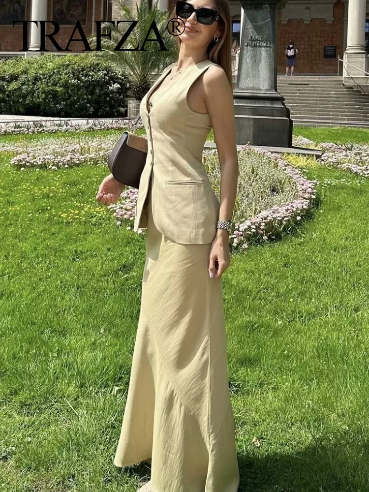 TRAFZA Women Vest Skirt Sets Female Khaki Long Blazer Vest V Neck Sleeveless Slim Top+Elegant High Waist A Line Skirt Suit TRAF - Image 5