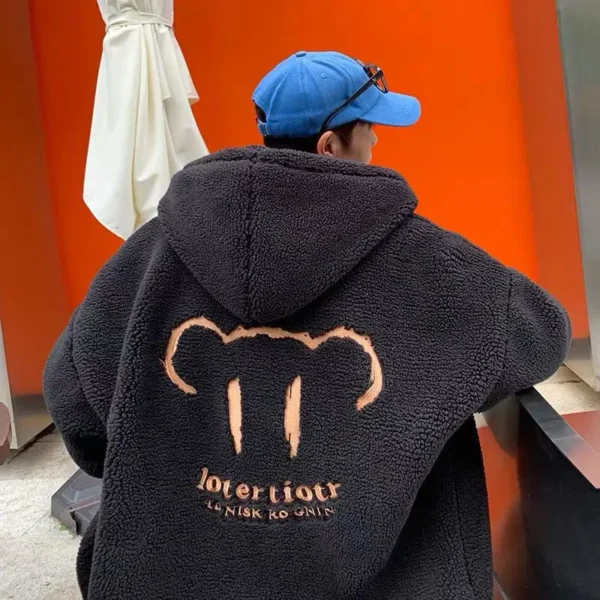 Lamb wool hooded cotton coat for men in autumn and winter, loose and handsome cotton coat, Hong Kong style bear pattern y2k tops - Image 2