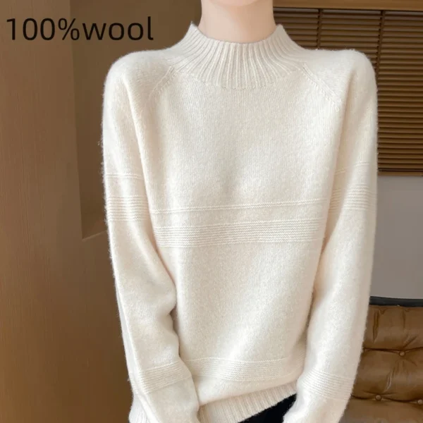 100% Merino Pure Wool Thick Sweater Korean Fashion Winter Long Sleeved Solid Color Loose Women's Half High Neck Knitted Jumper T