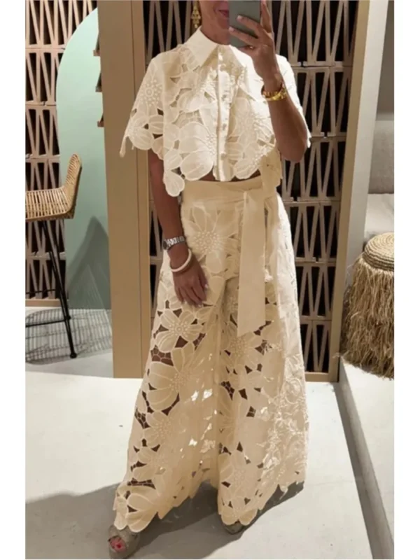 Sexy Lapel Single-breasted Shirt Top + Wide-leg Pants 2-piece Set Women Fashion Solid Color Elegant Casual Hollow Suit Female - Image 2