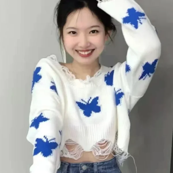 New Women Casual Loose Jumper Korean Fashion Graphic Butterfly Knitted Sweater Woman Sweet Oversized Cropped Off Shoulder Tops - Image 5