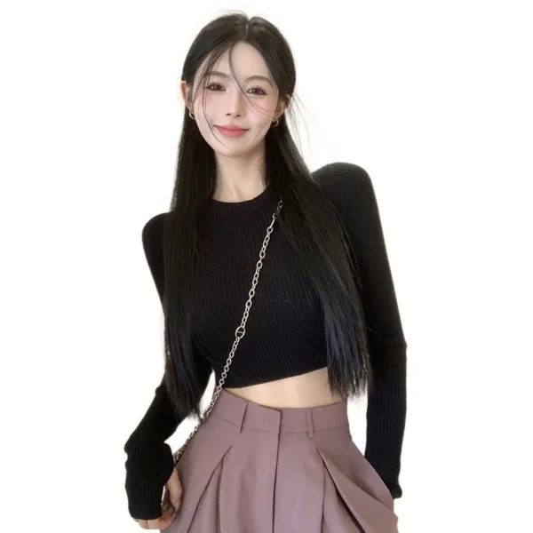 Women's Sweater Base Sweater Versatile Round Neck Knit Sweater Slim Fitting Short Top Sweater - Image 2