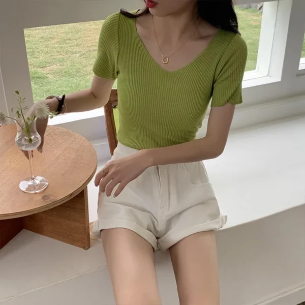 2024 Basic V-neck Solid Thin Summer Women Pullover Female Knitted Ribbed Sweater Slim Short Sleeve Bodycon Sweater - Image 4