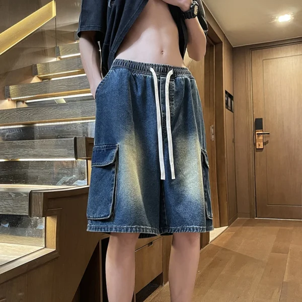 Men's Summer New Style Loose Straight Work Denim Shorts, Basic Versatile Multi-color, Elasticated Washed Mid-length Shorts - Image 5