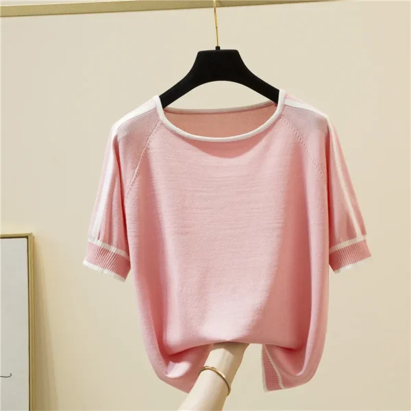 Casual Thin Knitted T-Shirt Camisetas Mujer Summer Short Sleeve Tops Elegant Woman Clothes Striped Fashion Tee Shirt Femme 18841 - Image 4