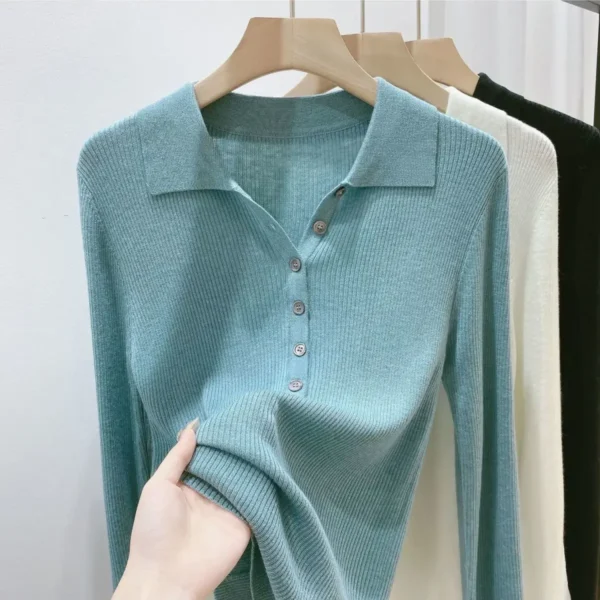 Autumn New Simplicity Solid Color Turn-down Collar Long Sleeve Pullovers Female Fashion Buttons Knitting Elasticity Sweater Tops
