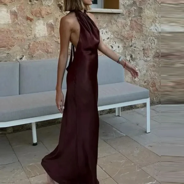 TRAF Halter Satin Long Dress Women Tied Backless Brown Midi Dress Summer Off Shoulder Party Dresses Pleated Evening Dress - Image 2