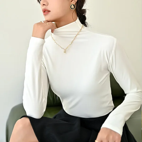 Autumn Women Long Sleeve T-shirt Pullovers Tops Casual Solid Mock Neck Thin Women Long Sleeve Pullovers Female Slim Inner Tops - Image 2