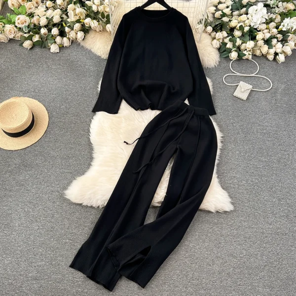 HELIAR Women Knitted Loose 2 Piece Sets Long Sleeve O-Neck Sweater and Wide Leg Pants Outfit Casual Office Set Autumn Winter - Image 4