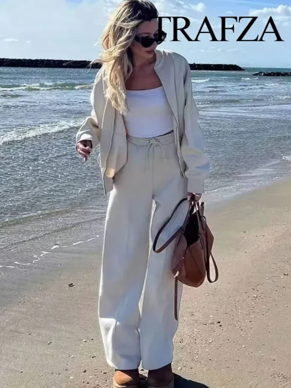TRAFZA Women's 2-piece Retro Solid Color Zipper Bomber Jacket Sweatshirt + High-waisted Lace-up Women's Loose Velvet Pants Suit - Image 3