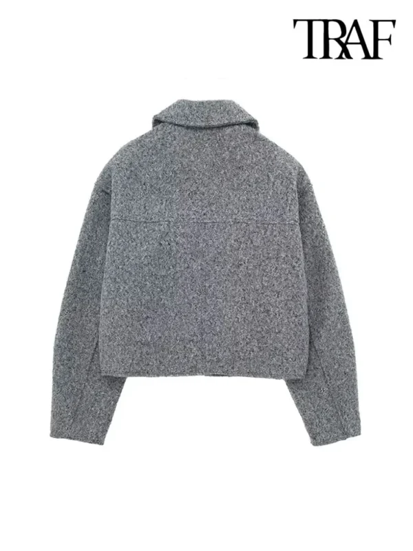 TRAF Women Fashion Patch Pockets With Flaps Cropped Jacket Coat Vintage Long Sleeve Front Zipper Female Outerwear Chic Tops - Image 4