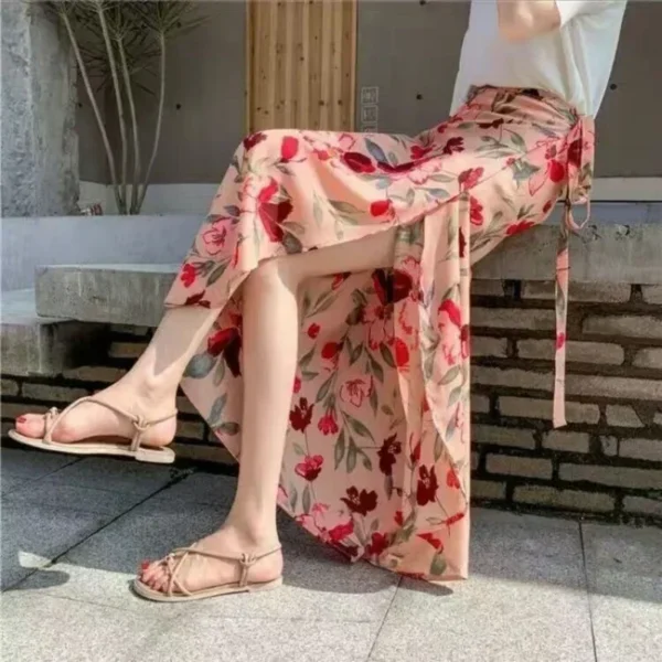 Fashion Cotton Women Floral Print Skirt Side Tie Beach Skirts Summer High Waist Wrap Flower Long Skirt With Slit - Image 4