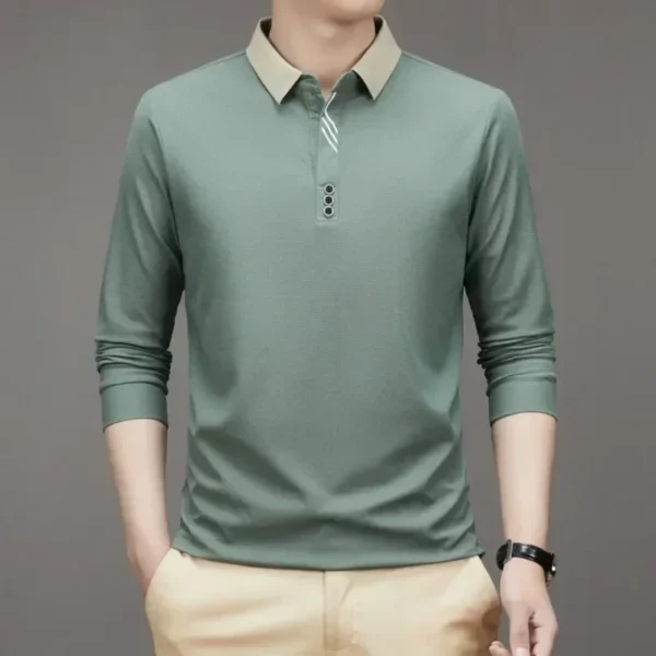 Men's Long Sleeve Turn-down Collar Waffle T-shirt Business Casual Polo Shirt Tee - Image 3