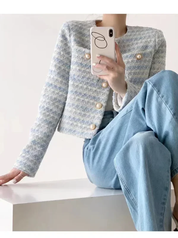 ITOOLIN Autumn Winter Women Elegant Tweed Cardigan Short Coat With Pocket Single Breasted Jacket For Women Loose Outwear 2024 - Image 6