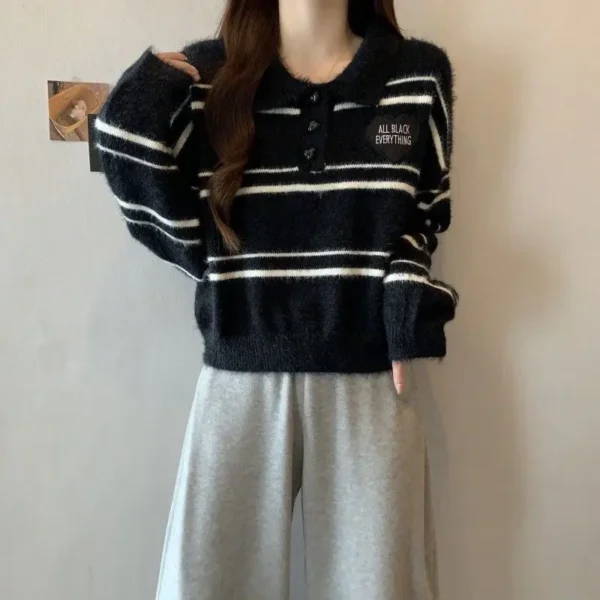 Sweet Cool Academy Love Style Stripe Imitation Mink Fur Knitted Warm Korean Edition Sweater - Image 4