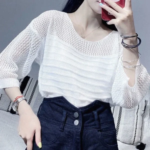 Spring and Summer New Ice Silk Knitted Vest Top Hollow Out Thin Bottoming Sling Streetwear Womens Clothing White Shirt - Image 2