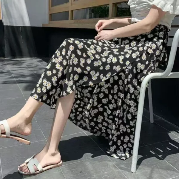 Fashion Cotton Women Floral Print Skirt Side Tie Beach Skirts Summer High Waist Wrap Flower Long Skirt With Slit - Image 3