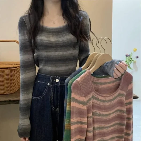 Korean Series Square Collar Knitted Top Women Y2k Clothes 2024 Early Autumn New Gyaru Slim Fit Inner Wear Sleeve Bottoming Shirt - Image 3