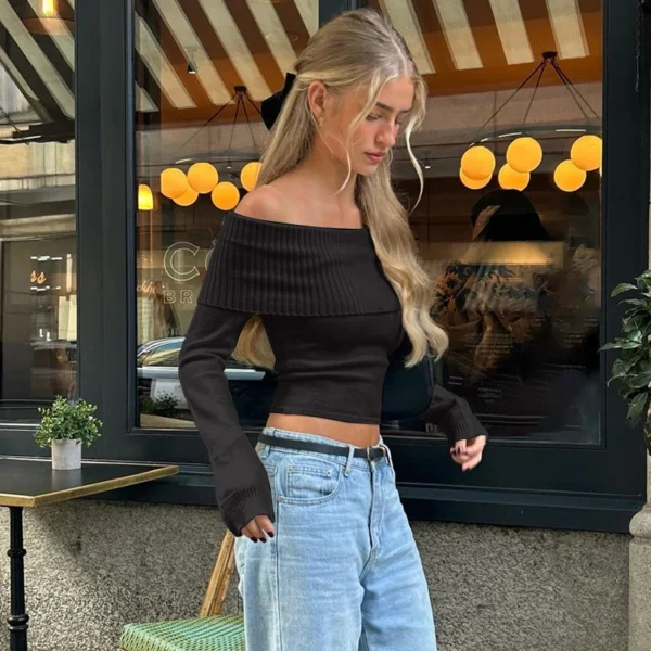 WhereMery Elegant Slash-neck Ribbed Solid Crop Tops Autumn Y2K Skinny Off Shoulder Long Sleeve Camis French Gentle Tight T-shirt - Image 4
