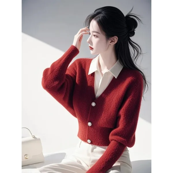 Women Red Fake Two-piece Sweater Autumn Winter Knitted Thick Loose Pullovers Office Lady Daily Casual Commute Knitwear - Image 2