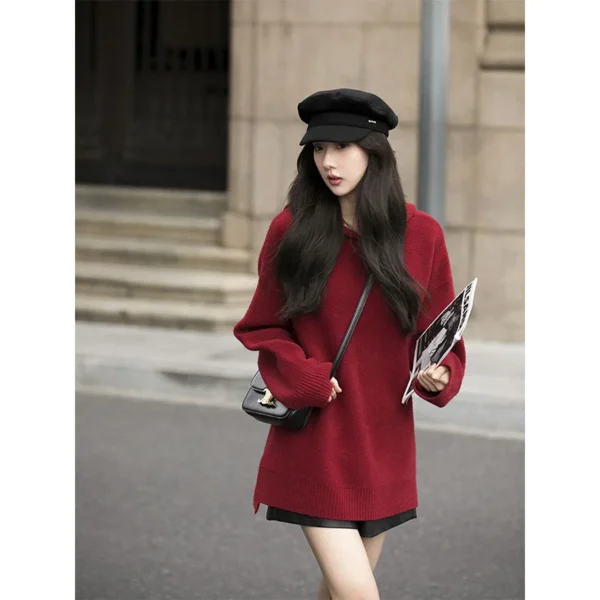 Women Autumn Winter Korean Simplicity Red Knitting Women Clothing Fashionable Pullover Soft Warm Long Sleeve Sweater Top Tee