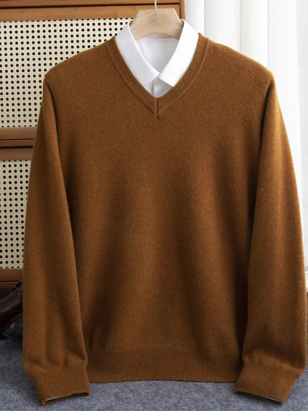 Men 100% Merino Wool Sweater V-Neck Pullover Autumn Winter Cashmere Warm Solid Knitwear Clothes Business Bottoming Soft Tops