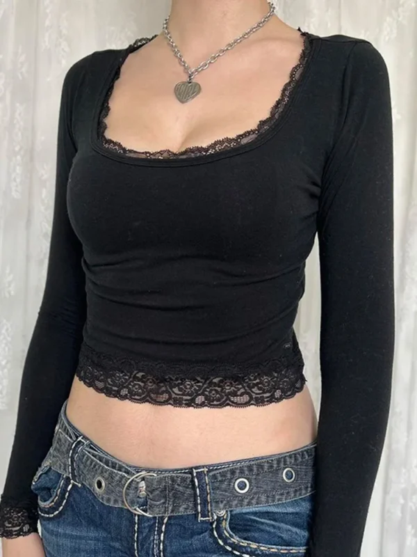 2000s Graphic T Shirt Vintage Fairy Grunge Women Autumn Lace Trim Long Sleeve Slim Fits Tops y2k Clothes Basic Harajuku Tees - Image 2