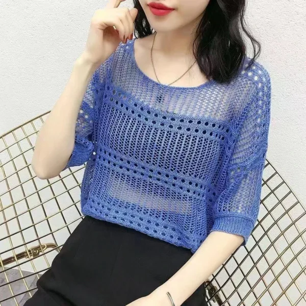 Leisure, Elegant, Sexy 2024 Spring Hollow Round Neck Short Sleeve Knitted Top