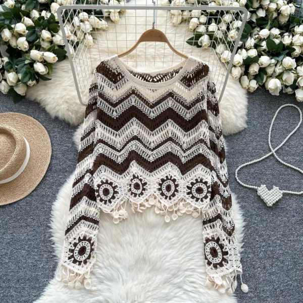 Zig Zag Crochet Top Long Sleeve V-Neck Wavy Striped Open-knit Pullover Sweater for Women Teen-girl Boho Vacation Outfit - Image 2