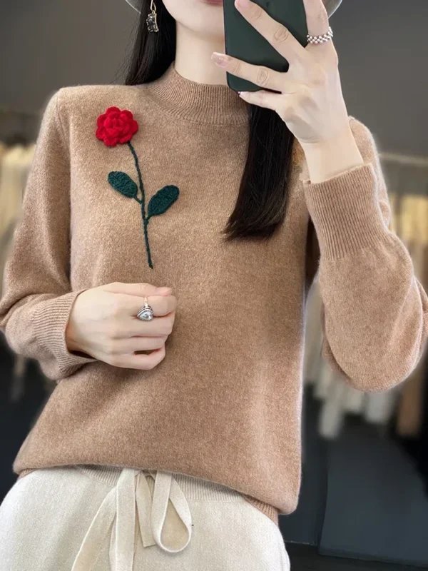 Hand Embroidered Cashmere Sweater Women's High Neck Knit Top Rose Crochet Soft Loose Wool Pullover Winter Keep Warm Sweater 2024 - Image 2