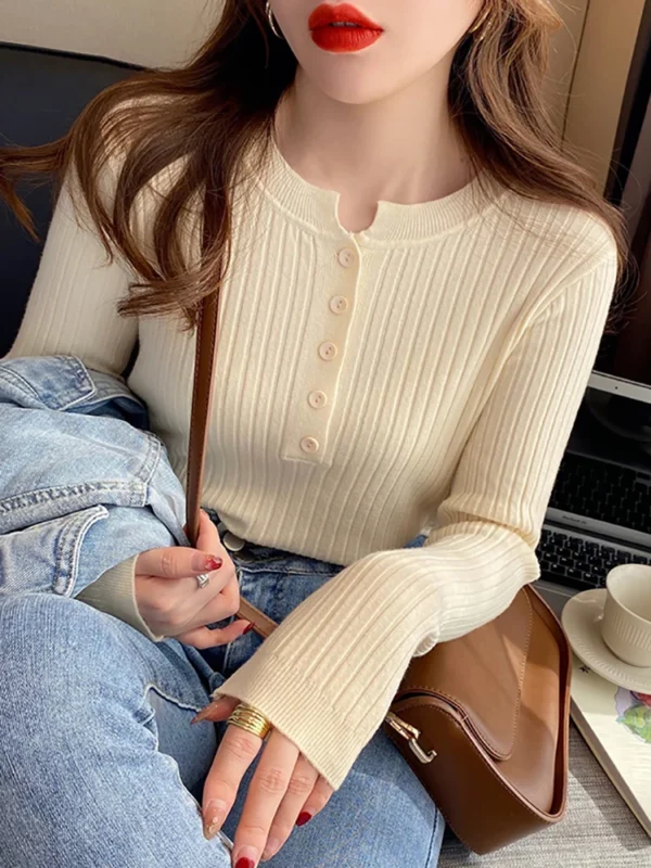 Knitted Women Sweater O-neck Button Pullovers Spring Autumn Basic Sweaters for Female Pullover Slim Solid Bold Stripes Tops - Image 2
