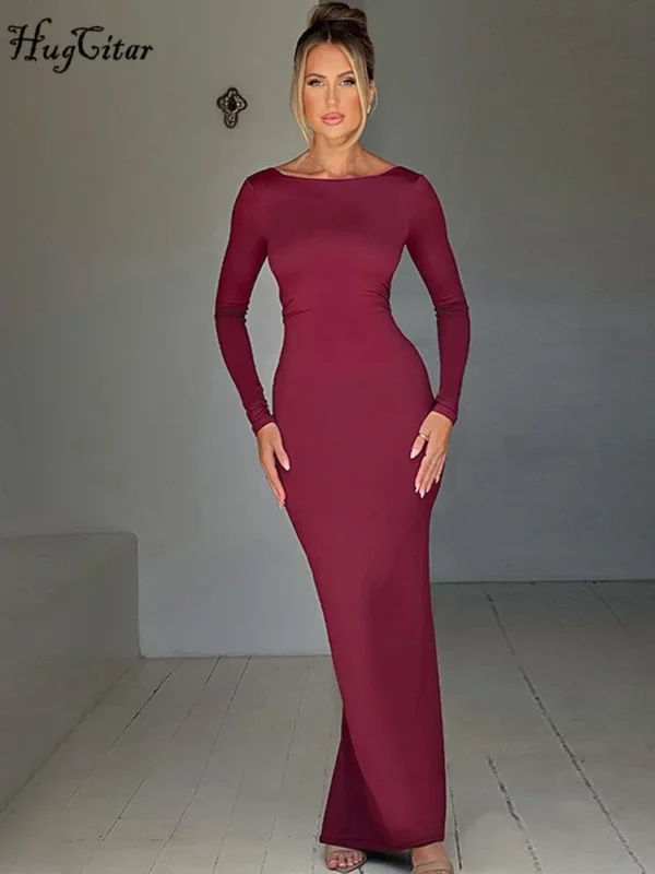 Hugcitar Spring Elegant Long Sleeve Backless Solid Cuched Sexy Bodycon Maxi Prom Dress Women Outfit Evening Party Festival Y2K - Image 4