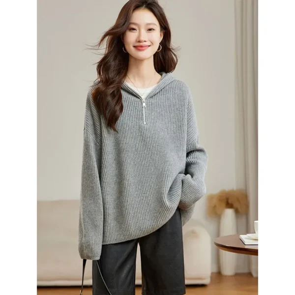 Women's Clothing Casual Loose Zipper Hooded Sweaters Autumn Winter Solid Soft Wool Knitted Pullovers Commute High Quality Tops - Image 4