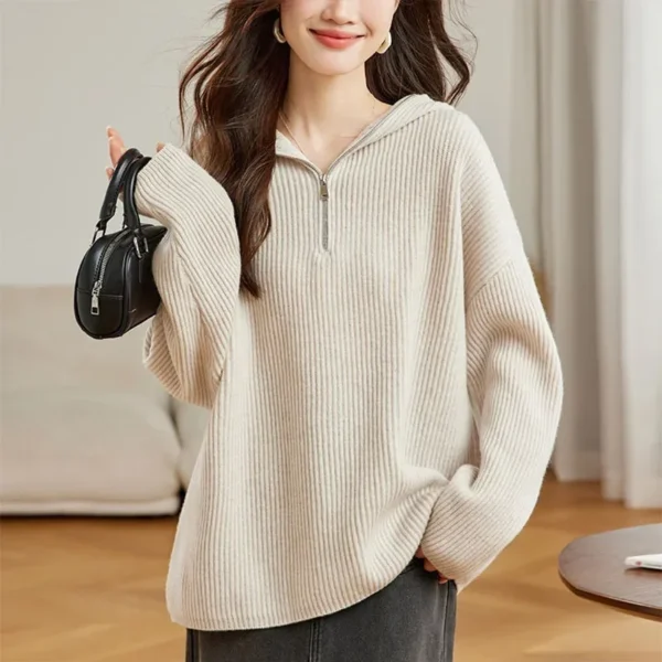 Women's Clothing Casual Loose Zipper Hooded Sweaters Autumn Winter Solid Soft Wool Knitted Pullovers Commute High Quality Tops - Image 5