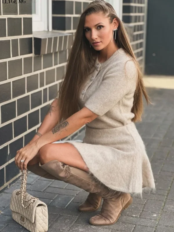 Women's Two Pieces Set Knitwear Summer Short Sleeve Knitted Pullovers A-line Mini Skirt Sets Woman O-neck Buttons Suits Solid