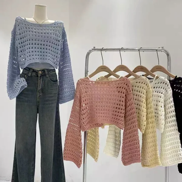 Fishnet Crochet Top Long Sleeve Crop Pullover Women Summer Cover Up Open-knit Blouse Y2K Grunge Outfit - Image 2