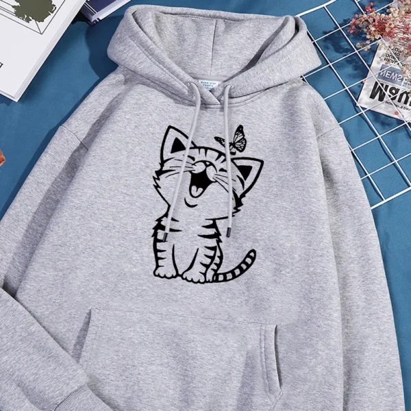 Cartoon Cat and Butterfly Print Hoodie Man Autumn Warm Fleece Hoodies Comfortable Pullover Simple Loose Hoody Street Clothing