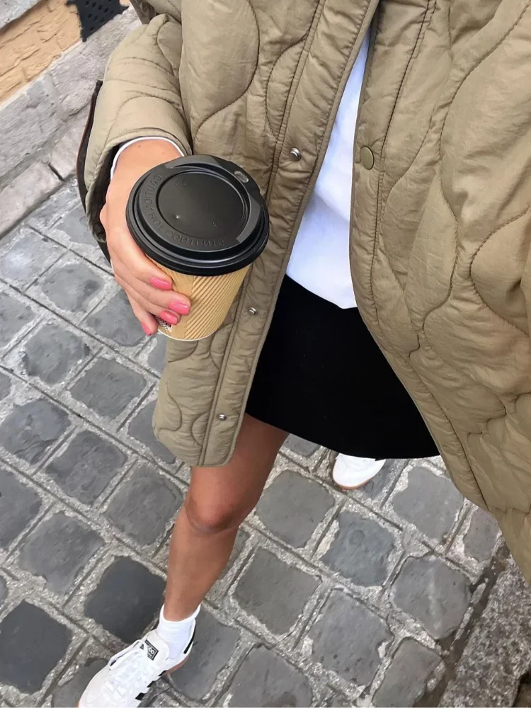 Casualgreen Quilted Coats Women Fashion O-neck Single Breasted Long Sleeve Pocket Jackets Female 2024 Autumn Chic Lady Outerwear - Image 2