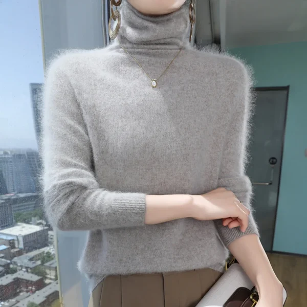 Autumn And Winter New 100% Pure Mink Cashmere Sweater Women's Pile Collar Pullover Slim Sweater Knitted Bottoming Shirt - Image 3